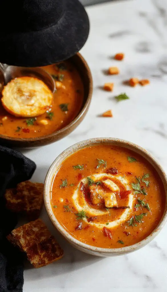 A steaming bowl of Witches Soup with rich, dark broth topped with vibrant herbs and garnishes, surrounded by mystical ingredients on a rustic wooden table, with a glowing candle and enchanted symbols in the background, enhancing the cozy and witchy atmosphere.