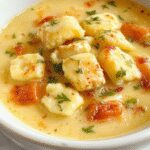A steaming bowl of Olive Garden chicken gnocchi soup, topped with grated Parmesan cheese and fresh herbs, showcasing soft gnocchi, tender chicken pieces, spinach, and a creamy, golden broth against a rustic wooden table.