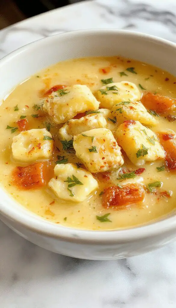 A steaming bowl of Olive Garden chicken gnocchi soup, topped with grated Parmesan cheese and fresh herbs, showcasing soft gnocchi, tender chicken pieces, spinach, and a creamy, golden broth against a rustic wooden table.