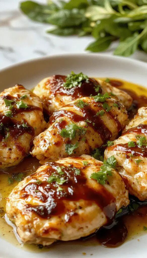 A vibrant, roasted chicken breast glazed with shiny balsamic reduction, topped with fresh basil leaves, cherry tomatoes, and green herbs on a rustic white plate, garnished with additional basil and tomato slices, set against a colorful, textured background with olive oil and seasonings nearby.
