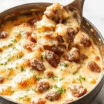 A warm, inviting casserole dish featuring a golden-brown cheesy topping, bubbling around the edges. Inside, tender ground beef, macaroni, and melted cheese are visible, topped with fresh chopped herbs. The casserole is served in a rustic ceramic dish with a portion scooped out, revealing the creamy, hearty layers beneath.