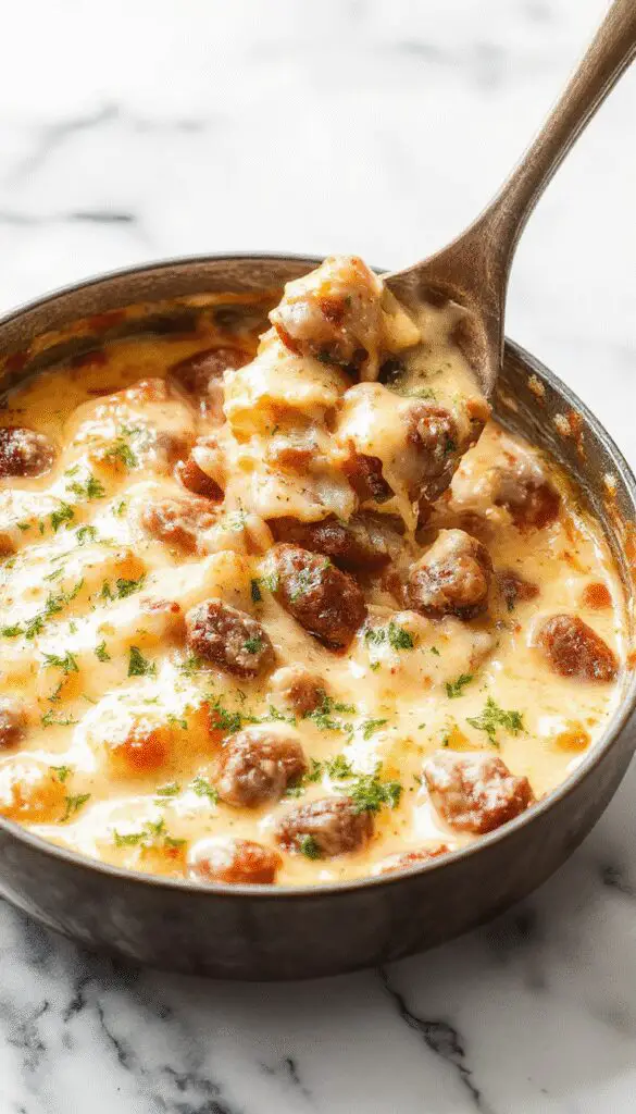 A warm, inviting casserole dish featuring a golden-brown cheesy topping, bubbling around the edges. Inside, tender ground beef, macaroni, and melted cheese are visible, topped with fresh chopped herbs. The casserole is served in a rustic ceramic dish with a portion scooped out, revealing the creamy, hearty layers beneath.
