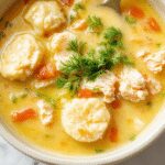 A steaming bowl of chicken dumpling soup topped with flaky biscuit dough pieces, garnished with chopped herbs, with a rustic wooden background and a spoon placed beside the bowl