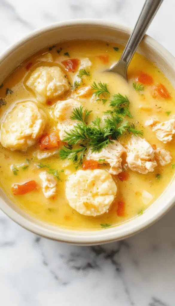 A steaming bowl of chicken dumpling soup topped with flaky biscuit dough pieces, garnished with chopped herbs, with a rustic wooden background and a spoon placed beside the bowl