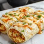 Close-up of cheesy garlic chicken wraps sliced open to reveal tender chicken, melted cheese, and fresh greens. The wraps are golden brown with visible garlic seasoning, arranged on a rustic plate with a drizzle of sauce and a sprig of parsley for garnish.