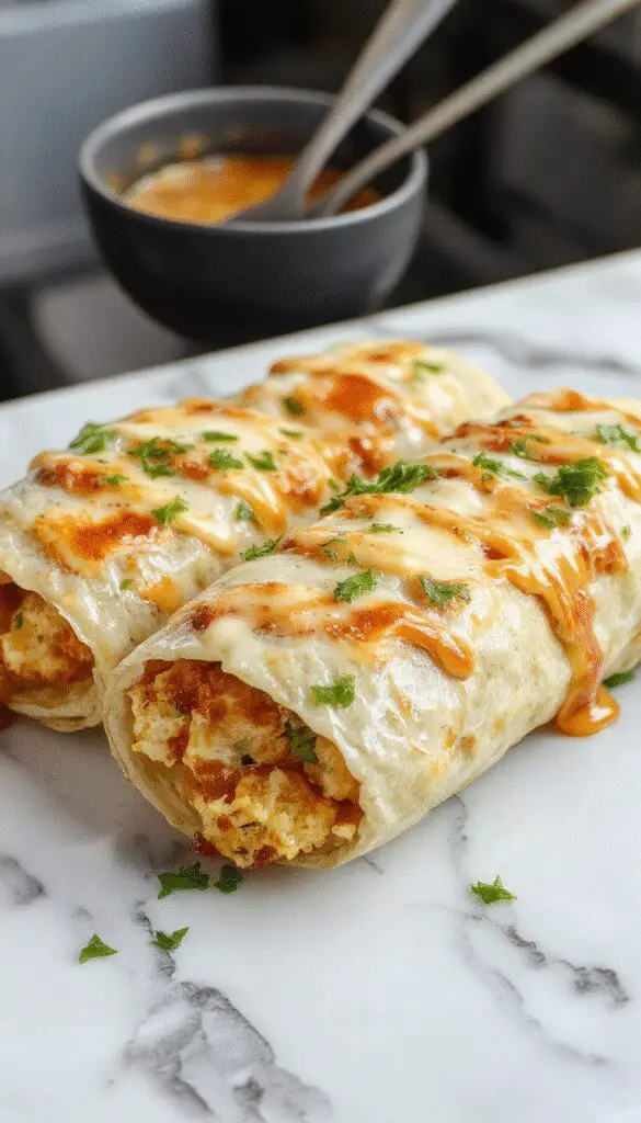 Close-up of cheesy garlic chicken wraps sliced open to reveal tender chicken, melted cheese, and fresh greens. The wraps are golden brown with visible garlic seasoning, arranged on a rustic plate with a drizzle of sauce and a sprig of parsley for garnish.