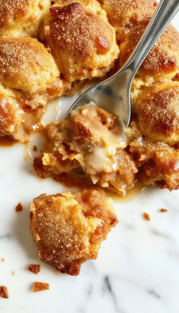 A warm, golden-brown snickerdoodle cobbler served in a rustic white bowl, topped with a scoop of vanilla ice cream melting into it. The cobbler has a crinkled, cinnamon-sugar streusel topping and is garnished with a cinnamon stick and a sprinkle of powdered sugar. In the background, a cozy fall-themed table setting with autumn leaves and a cozy blanket.