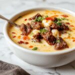 A hearty bowl of Philly Cheesesteak Soup topped with melted cheese, thinly sliced roast beef, sautéed onions, and green peppers, garnished with fresh herbs. The creamy broth is visibly thick and inviting, with steam rising and crispy bread slices on the side for dipping.