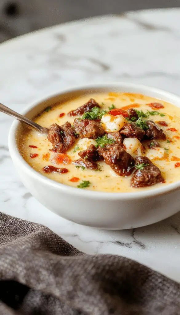 A hearty bowl of Philly Cheesesteak Soup topped with melted cheese, thinly sliced roast beef, sautéed onions, and green peppers, garnished with fresh herbs. The creamy broth is visibly thick and inviting, with steam rising and crispy bread slices on the side for dipping.