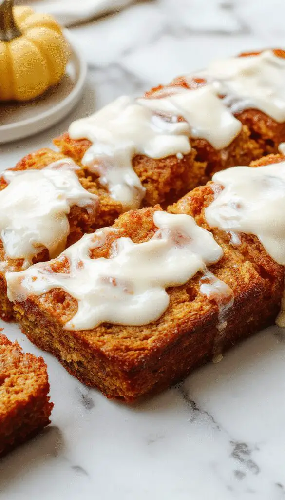 A slice of pumpkin bread topped with a generous swirl of creamy white cream cheese frosting, presented on a rustic wooden plate. The bread has a warm, golden-brown crust with visible specks of spice and pumpkin flecks. The frosting appears thick, smooth, and luscious, contrasting beautifully with the moist, dense interior of the bread in the cross-section. In the background, a whole pumpkin and a drizzle of frosting are softly blurred, enhancing the cozy, autumnal appeal of the scene.