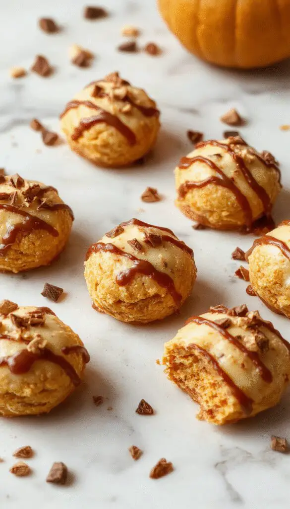 A close-up of several pumpkin-shaped cheesecake truffles coated in orange and white striped candy melts, presented on a rustic wooden platter with cinnamon sticks and small decorative pumpkins in the background. The truffles have a smooth, glossy surface with visible specks of graham cracker crumb texture underneath the vibrant orange coating.