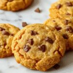A close-up of golden-brown pumpkin cookies topped with a drizzle of white glaze, arranged on a rustic wooden platter garnished with cinnamon sticks and fall leaves, emphasizing their soft, chewy texture and warm autumn tones.