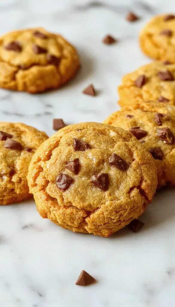 A close-up of golden-brown pumpkin cookies topped with a drizzle of white glaze, arranged on a rustic wooden platter garnished with cinnamon sticks and fall leaves, emphasizing their soft, chewy texture and warm autumn tones.