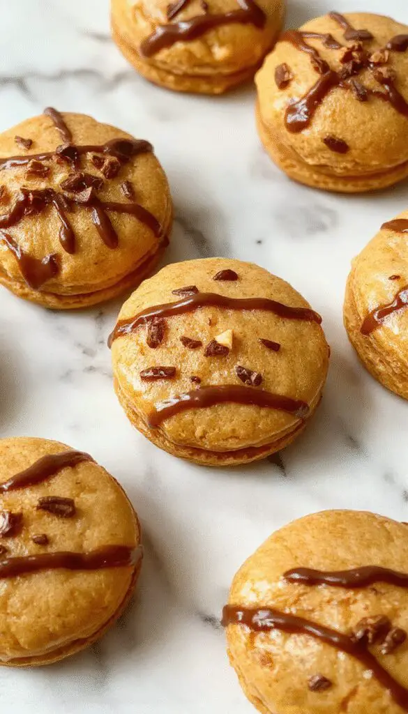 A tray of vibrant orange pumpkin pie macarons with smooth, glossy shells and ruffled edges, neatly arranged on a rustic wooden surface with scattered cinnamon and pumpkin seeds in the background.