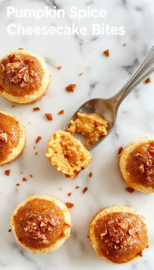A close-up shot of the Pumpkin Spice Cheesecake Bites arranged on a white platter. The bites are creamy, with a hint of orange pumpkin and topped with a sprinkle of cinnamon or nutmeg. The presentation highlights their smooth texture and inviting, bite-sized portion sizes, accented by a few decorative fall leaves in the background.