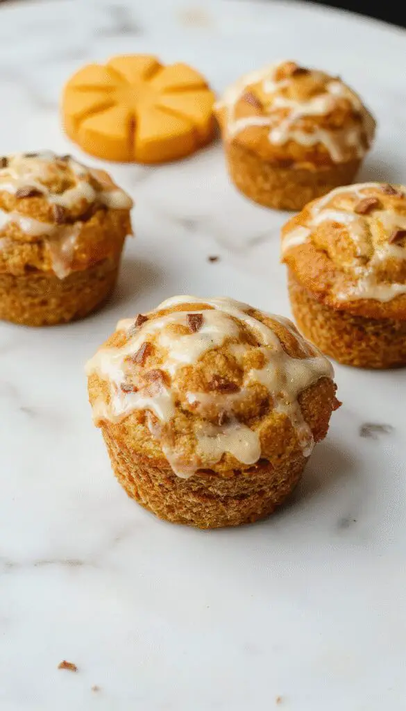 A close-up of a freshly baked pumpkin swirl muffin, showcasing its moist, golden-brown crust with a visible swirl of creamy pumpkin filling. The muffin rests on a rustic wooden surface, garnished with a light dusting of cinnamon and small pumpkin seeds around it. The vivid orange and warm tones highlight the inviting, autumnal appeal of the dessert.