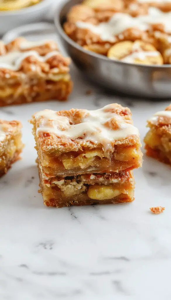 A close-up of golden-brown apple pie bars sliced to reveal a juicy, cinnamon-spiced apple filling nestled inside flaky pastry crust. Garnished with a dusting of powdered sugar and a sprig of fresh mint, the bars are presented on a rustic wooden platter against a cozy fall-themed background with hints of cinnamon sticks and whole apples.