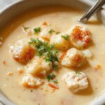 A steaming bowl of Marry Me Chicken Soup with a rich, creamy texture topped with fresh herbs, served in a rustic white bowl on a wooden surface, with visible chunks of chicken, vegetables, and a drizzle of cream, complemented by a side spoon and a sprig of parsley.