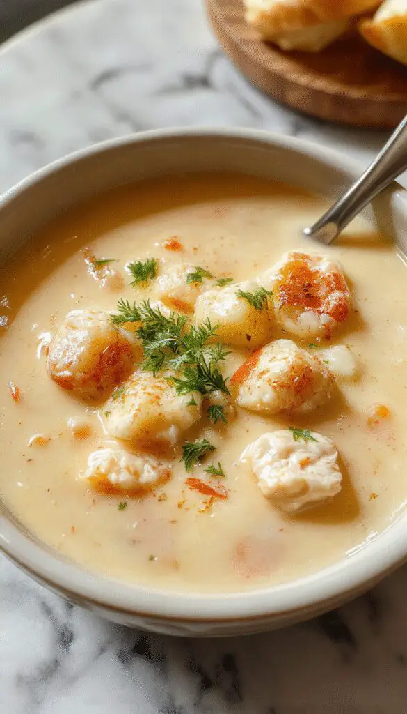 A steaming bowl of Marry Me Chicken Soup with a rich, creamy texture topped with fresh herbs, served in a rustic white bowl on a wooden surface, with visible chunks of chicken, vegetables, and a drizzle of cream, complemented by a side spoon and a sprig of parsley.