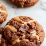 A close-up shot of three freshly baked salted caramel chocolate cookies resting on a textured wooden surface. The cookies are golden brown with a glossy caramel swirl on top, accented with a sprinkling of sea salt crystals. Visible chunks of chocolate and caramel are embedded within the cookies, creating an inviting, gooey appearance. The background is softly blurred, emphasizing the cookies' rich textures and enticing toppings.