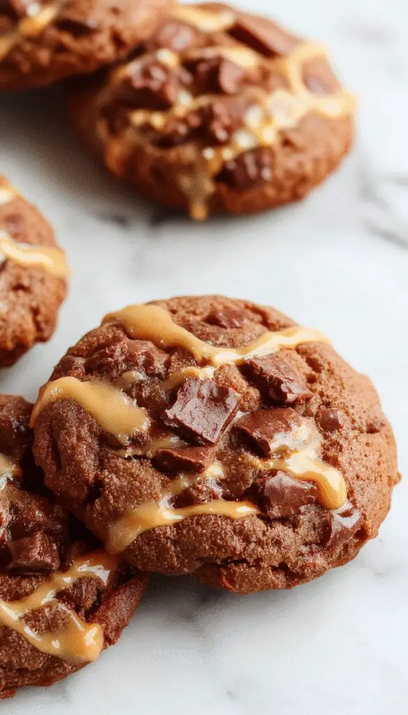 A close-up shot of three freshly baked salted caramel chocolate cookies resting on a textured wooden surface. The cookies are golden brown with a glossy caramel swirl on top, accented with a sprinkling of sea salt crystals. Visible chunks of chocolate and caramel are embedded within the cookies, creating an inviting, gooey appearance. The background is softly blurred, emphasizing the cookies' rich textures and enticing toppings.