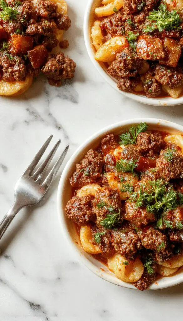 A rustic ceramic bowl filled with savory ground beef and orzo pasta, topped with fresh herbs and a sprinkle of grated cheese. The dish is served steaming hot on a wooden table with a spoon resting beside it, showcasing its creamy, well-seasoned texture and vibrant colors.