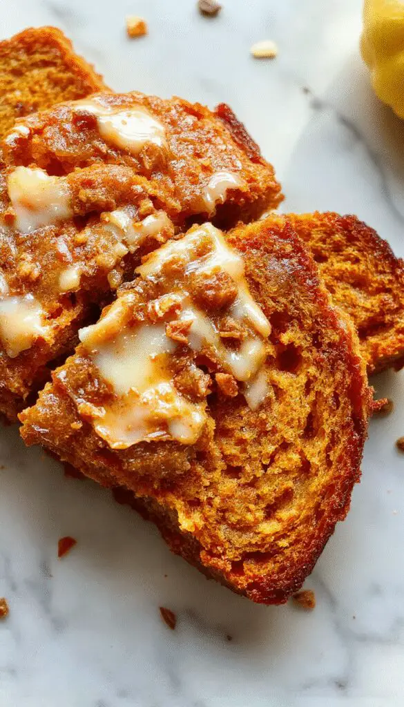 A golden-brown pumpkin bread loaf with a slightly cracked top, sitting on a rustic wooden surface. Sliced pieces reveal a moist, dense interior speckled with pumpkin seeds and spices. The bread is garnished with a sprinkle of cinnamon and surrounded by small pumpkins, autumn leaves, and a cup of coffee, creating a cozy fall atmosphere.