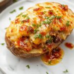 A perfectly baked baked potato topped with a generous serving of hearty shepherd's beef filling, garnished with fresh herbs. The potato skin is crispy and golden, contrasting with the creamy, savory meat and vegetable mixture inside, all showcased on a rustic wooden plate.