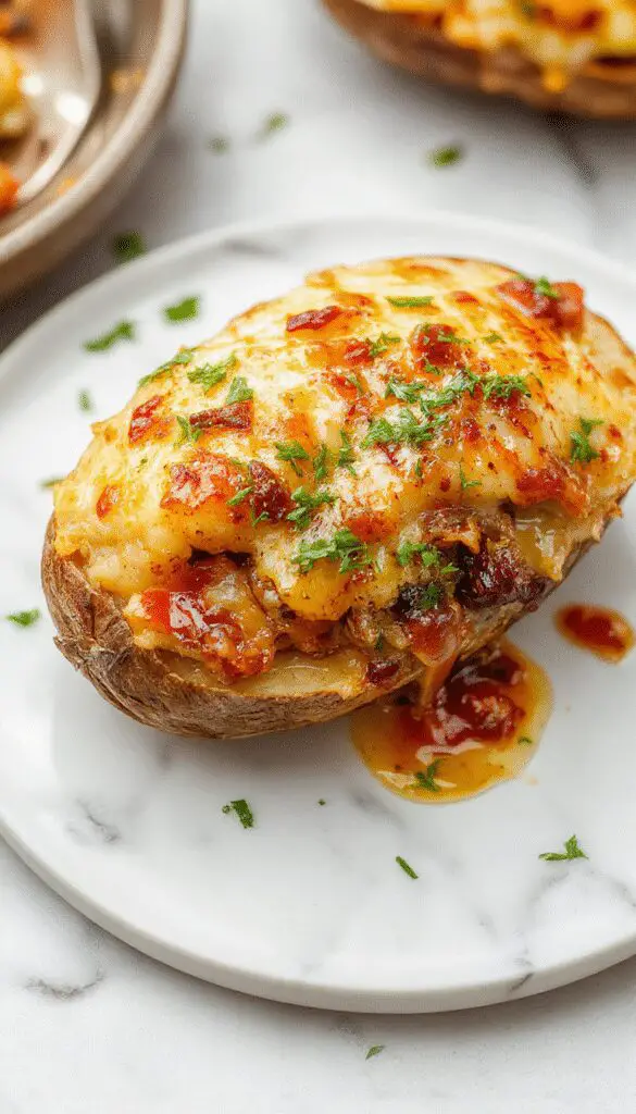 A perfectly baked baked potato topped with a generous serving of hearty shepherd's beef filling, garnished with fresh herbs. The potato skin is crispy and golden, contrasting with the creamy, savory meat and vegetable mixture inside, all showcased on a rustic wooden plate.