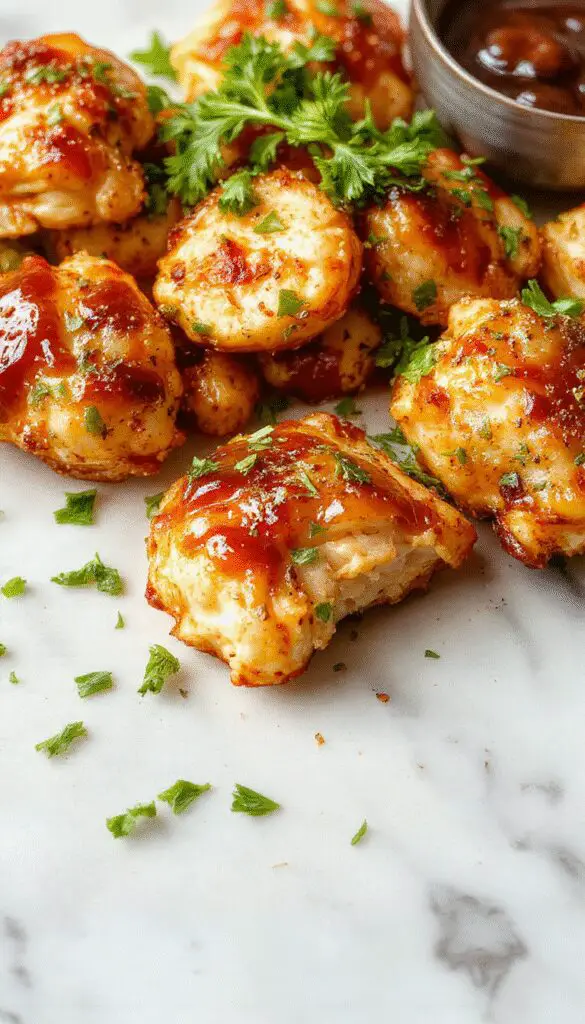 A close-up of golden-brown chicken bites glazed with glossy honey garlic sauce, garnished with finely chopped green onions on a white plate. The chicken appears crispy on the outside with a sticky, flavorful coating. The presentation includes a few slices of garlic and a drizzle of honey for visual appeal. The background features a rustic wooden table and fresh ingredients like garlic cloves and honey jar, evoking a cozy, inviting dinner setting.