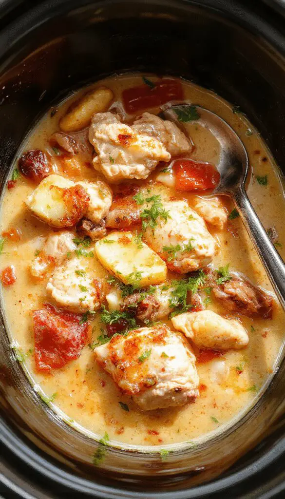A rustic white bowl filled with a thick, hearty chicken stew featuring tender chunks of chicken, potatoes, carrots, and peas in a rich broth. The stew is garnished with fresh herbs and served on a wooden table with a spoon resting beside it, steam gently rises from the dish, highlighting its comforting nature.