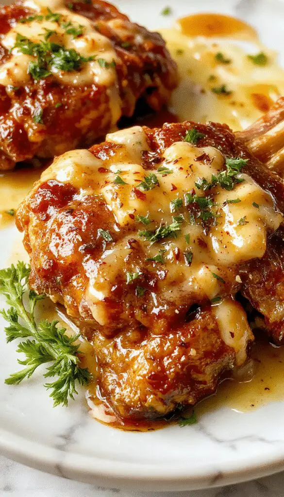 A hearty plate of golden-brown pork chops smothered in creamy garlic Parmesan sauce, topped with freshly grated cheese and chopped herbs, served alongside sautéed garlic mushrooms. The pork chops have a seared, crispy exterior with tender, juicy insides, beautifully contrasted with the rich, creamy sauce that glistens in the light, garnished with sprigs of parsley on a rustic wooden table.