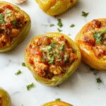 A vibrant plate of stuffed bell peppers with glossy red and yellow peppers filled with seasoned rice and ground beef, topped with melted cheese. The peppers are arranged neatly on a rustic wooden surface, garnished with fresh herbs, with steam gently rising, highlighting their juicy, flavorful interior and colorful presentation.