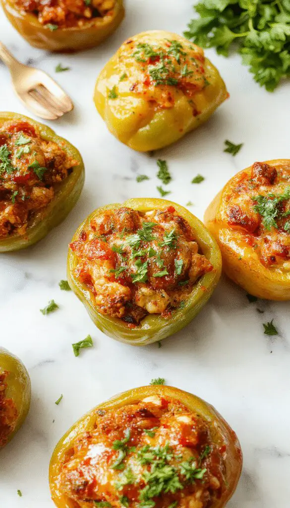 A vibrant plate of stuffed bell peppers with glossy red and yellow peppers filled with seasoned rice and ground beef, topped with melted cheese. The peppers are arranged neatly on a rustic wooden surface, garnished with fresh herbs, with steam gently rising, highlighting their juicy, flavorful interior and colorful presentation.