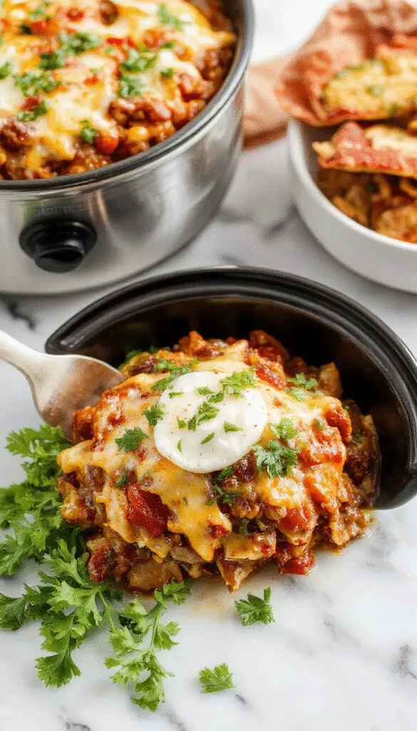 A cozy, bubbling taco casserole in a rustic ceramic slow cooker, topped with melted cheese, fresh chopped cilantro, and diced tomatoes. The dish showcases a rich, hearty mixture of seasoned ground beef, beans, and corn, with steam rising and a vibrant, colorful presentation highlighting the melting cheese and garnishes.