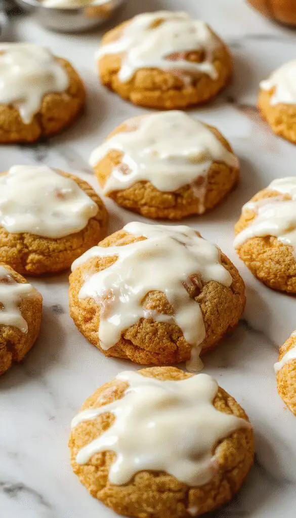 A close-up of soft pumpkin cookies topped with smooth cream cheese icing, arranged on a rustic ceramic plate. The cookies are golden brown, with a slightly cracked surface, and the icing is generously spread, creating a luscious, inviting look. The background features a cozy autumn setting with hints of fall leaves and a warm-toned table.