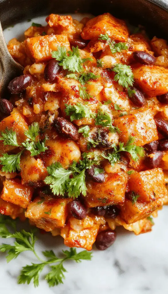 A vibrant skillet dish featuring diced roasted sweet potatoes, black beans, and colorful bell peppers, garnished with fresh cilantro and a squeeze of lime, served on a rustic wooden surface with a sprinkle of cheese on top.