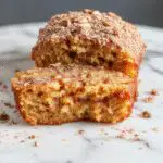 A golden-brown spiced apple cider donut loaf resting on a rustic wooden surface. The loaf is topped with a generous layer of cinnamon sugar crust, with visible specks of cinnamon and sugar crystals. Sliced pieces reveal a moist, dense interior dotted with bits of spiced apples. Around the loaf, fresh apple slices and a cinnamon stick add seasonal accents.