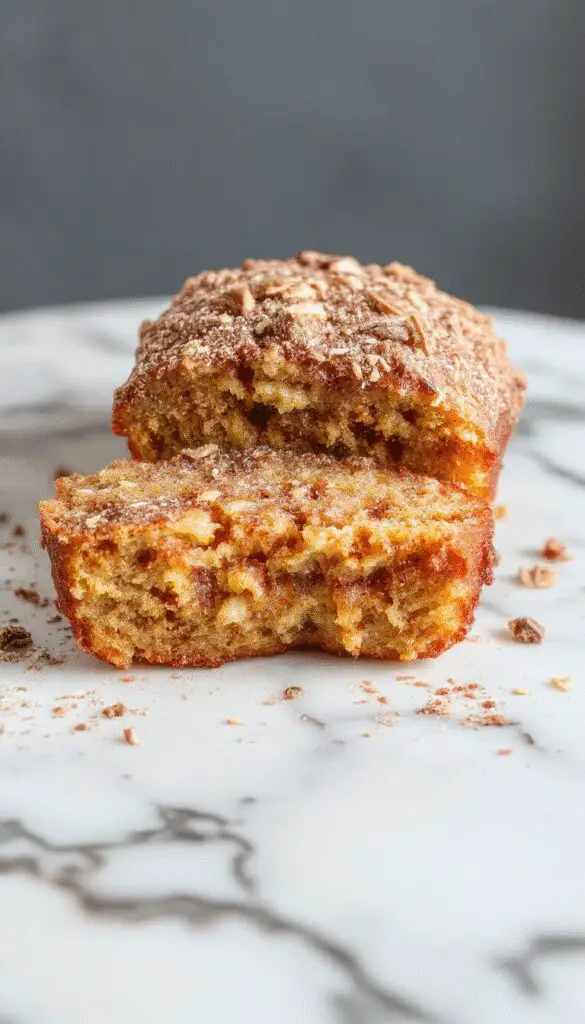 A golden-brown spiced apple cider donut loaf resting on a rustic wooden surface. The loaf is topped with a generous layer of cinnamon sugar crust, with visible specks of cinnamon and sugar crystals. Sliced pieces reveal a moist, dense interior dotted with bits of spiced apples. Around the loaf, fresh apple slices and a cinnamon stick add seasonal accents.