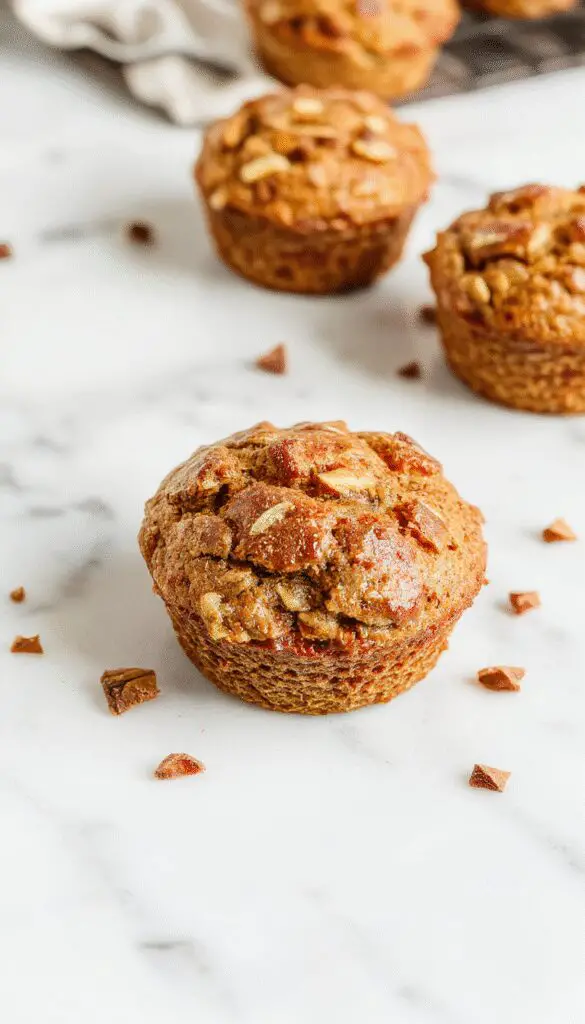 A close-up of freshly baked spiced pear muffins arranged on a rustic wooden platter. The muffins have a golden-brown crust with visible chunks of tender pear and specks of cinnamon. The muffins are garnished with a light dusting of powdered sugar and accented by a few slices of fresh pear and cinnamon sticks in the background. The scene is set on a cozy kitchen table with a warm, inviting ambiance.