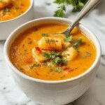 A steaming bowl of vibrant orange butternut squash and sweet potato soup garnished with fresh herbs, served in a rustic white bowl on a wooden table, with a drizzle of cream creating a swirl on top, and a side of toasted bread visible in the background.