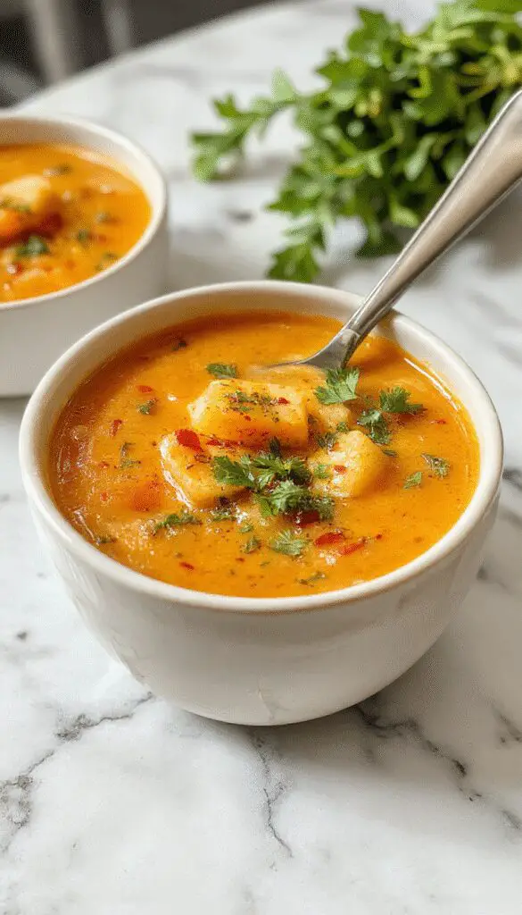 A steaming bowl of vibrant orange butternut squash and sweet potato soup garnished with fresh herbs, served in a rustic white bowl on a wooden table, with a drizzle of cream creating a swirl on top, and a side of toasted bread visible in the background.