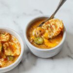 A vibrant bowl of Spicy Jalapeño Popper Soup garnished with sliced jalapeños, shredded cheese, and fresh herbs. Beside it, golden grilled cheese dippers with crispy toasty crusts. The soup has a rich orange hue, topped with dollops of sour cream and sprinkled with chopped green onions, all presented on a rustic wooden table with a softly blurred background.