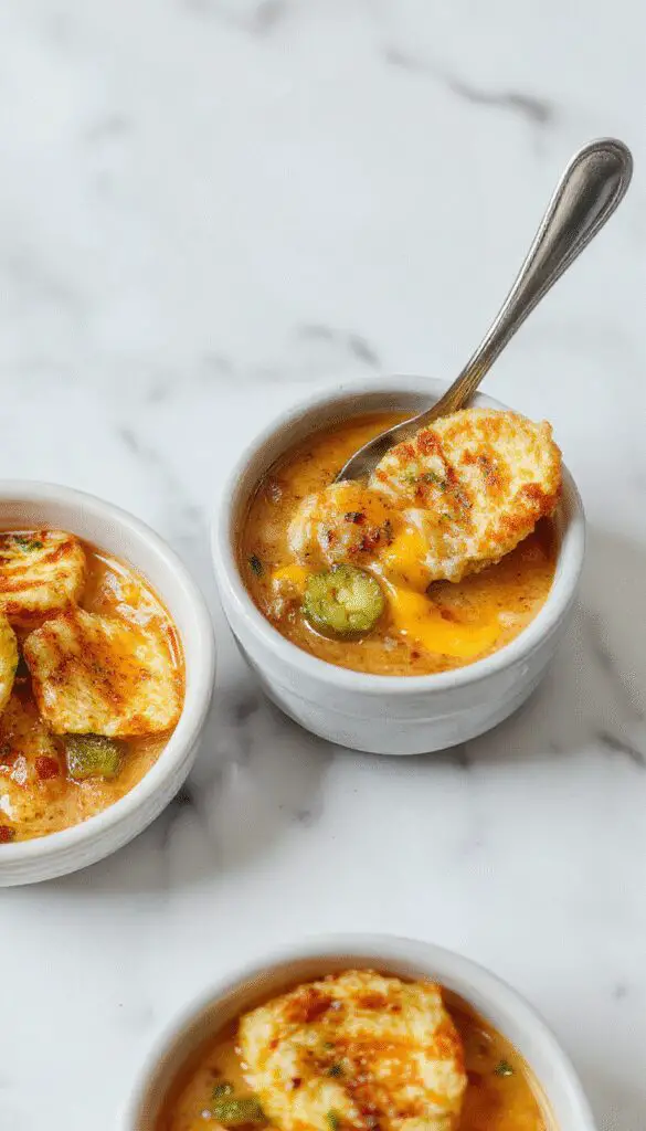 A vibrant bowl of Spicy Jalapeño Popper Soup garnished with sliced jalapeños, shredded cheese, and fresh herbs. Beside it, golden grilled cheese dippers with crispy toasty crusts. The soup has a rich orange hue, topped with dollops of sour cream and sprinkled with chopped green onions, all presented on a rustic wooden table with a softly blurred background.