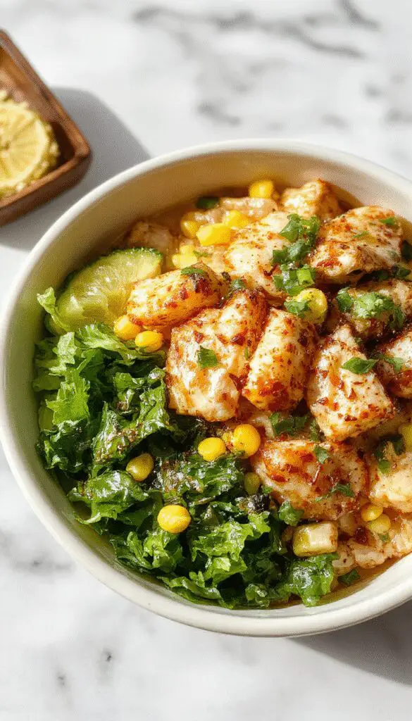 A vibrant street corn chicken rice bowl garnished with fresh cilantro, lime wedges, and a sprinkle of cheese. The bowl showcases grilled chicken, sweet corn kernels, and fluffy rice, arranged appealingly with colorful toppings and fresh herbs.