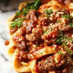 A steaming bowl of beef ragu featuring tender shredded beef in a thick, rich tomato sauce, garnished with fresh herbs, served over pasta on a rustic wooden table.
