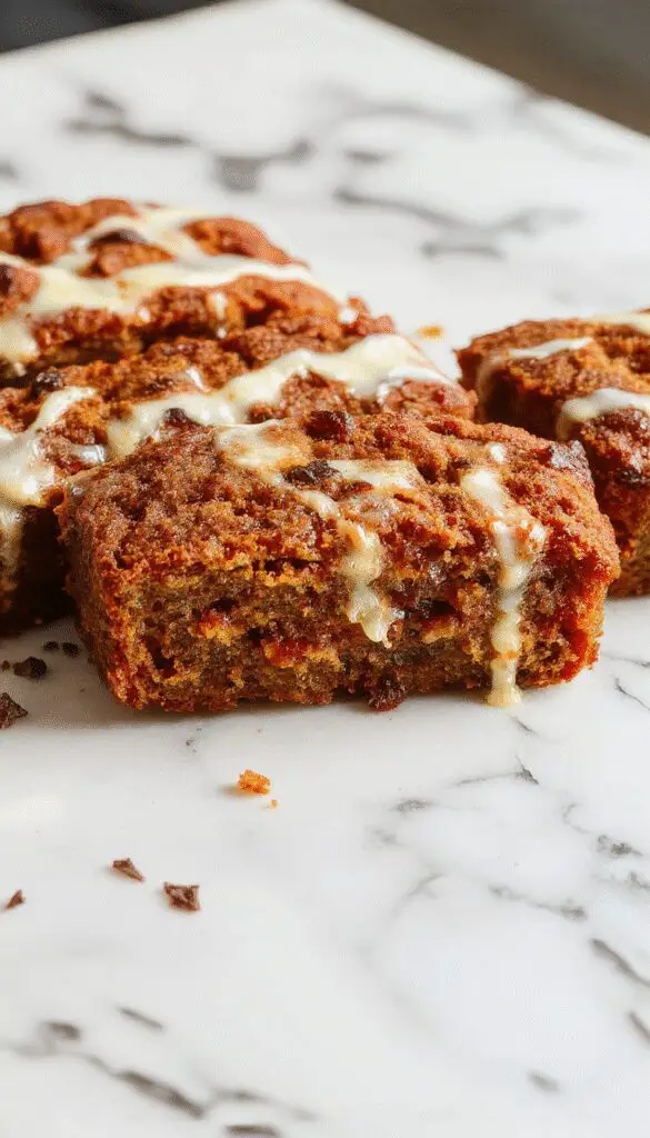A slices of moist, golden-brown pumpkin bread arranged on a rustic wooden table, accented with a dusting of powdered sugar, fresh pumpkin leaves, and a small bowl of whipped cream. The loaf has a slightly cracked top, revealing a tender crumb inside, enticing and warm.