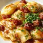 A hearty casserole dish featuring golden-brown pierogi nestled with slices of kielbasa, topped with fresh parsley. The dish is served in a rustic ceramic baking dish, showcasing a warm, inviting scene with steam gently rising, garnished with colorful vegetables around the edges.