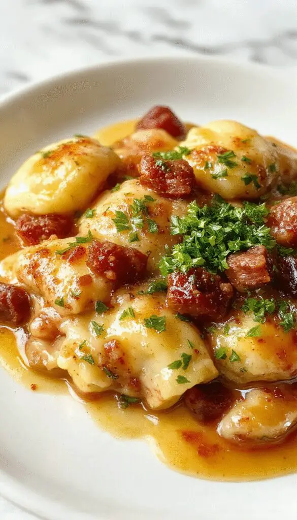 A hearty casserole dish featuring golden-brown pierogi nestled with slices of kielbasa, topped with fresh parsley. The dish is served in a rustic ceramic baking dish, showcasing a warm, inviting scene with steam gently rising, garnished with colorful vegetables around the edges.