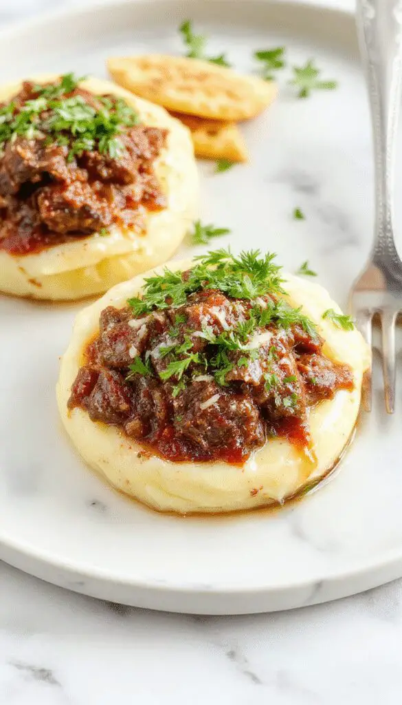 A rich, rustic bowl of short rib ragu featuring tender, shredded beef in a dark, savory sauce, garnished with fresh herbs, served over a creamy mound of silky mashed potatoes. The dish is presented on a white ceramic plate with a sprig of thyme, steamy and inviting, with a side of warm bread and a glass of red wine nearby.